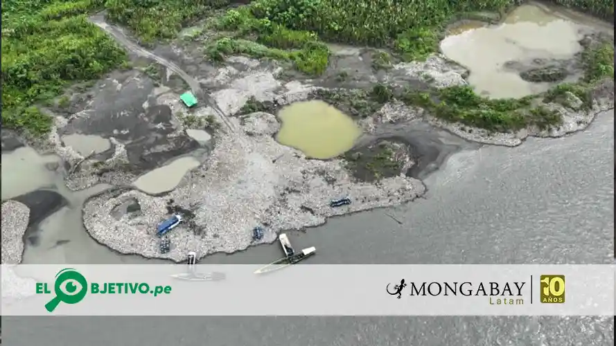 Minería en el río Inambari, en los alrededores del Parque Nacional Bahuaja Sonene, Perú. Foto: obtenida por Mongabay Latam